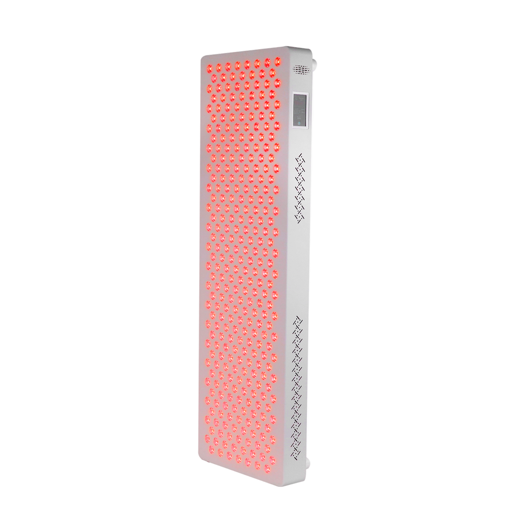 Rectangular device with red LED lights on a white background